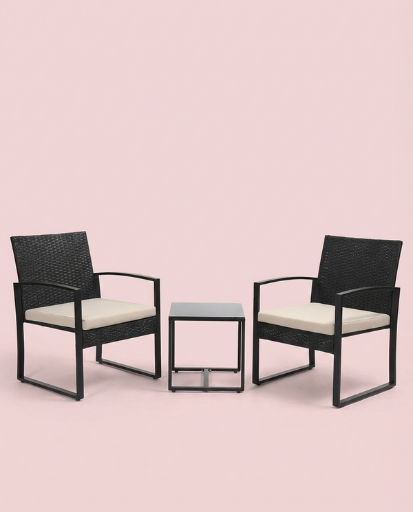 3-Piece Outdoor Patio Furniture Set – Wicker Chairs + Bar Table with Cushions